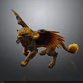 Winged Lion Mythical Creature Standing With Fiery Orange Wings Golden Mane And Muscular Build