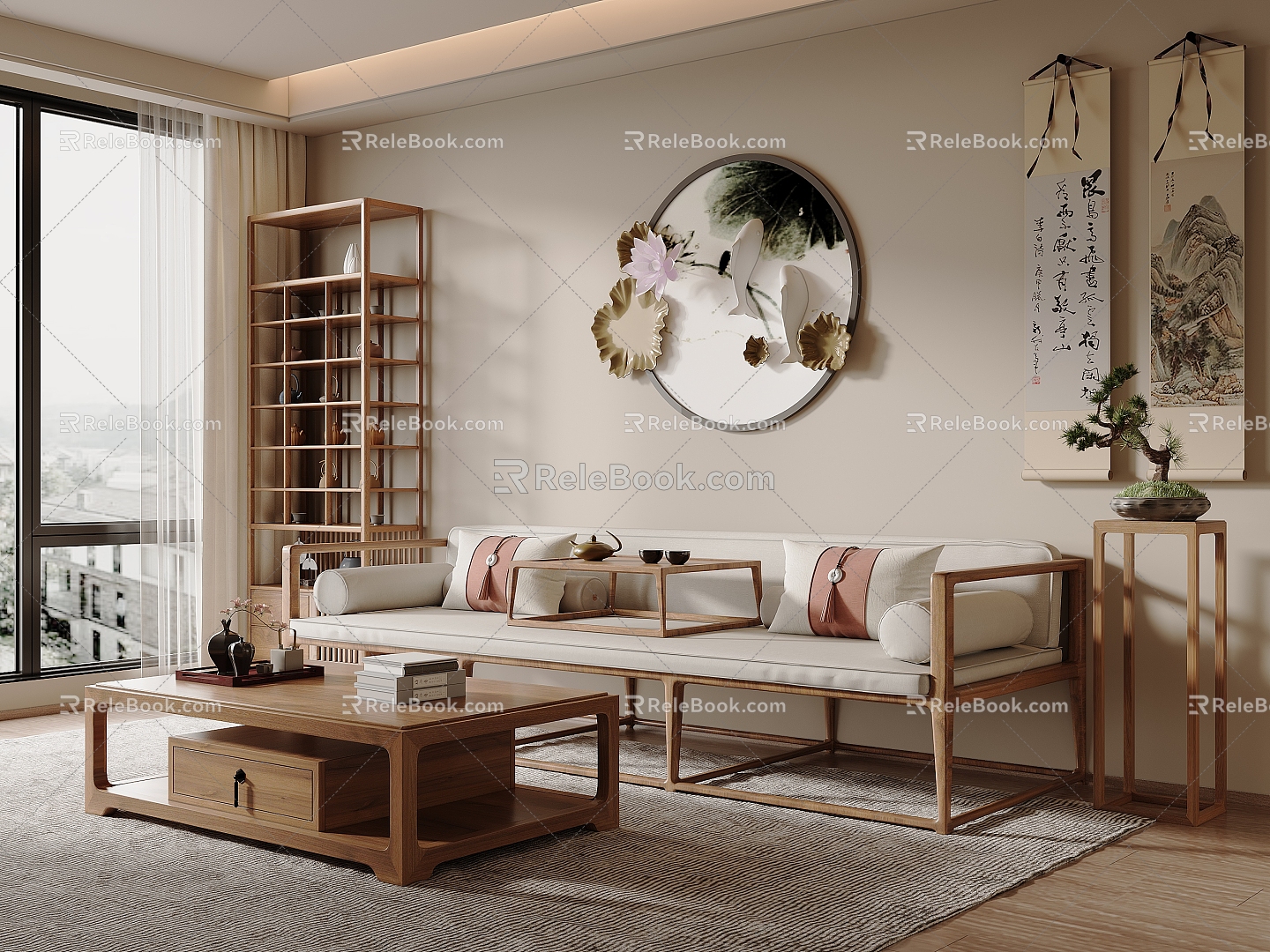 New Chinese Style Sofa Coffee Table Combination Luohan Bed Solid Wood Coffee Table Antique Rack Storage Rack Chinese Style Wall Decoration Hanging Picture Side Table Cushion Potted Plant Decoration Ornaments 3d model