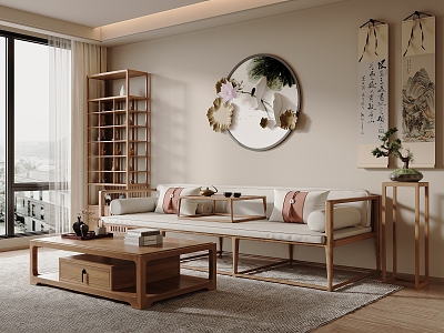 New Chinese Style Sofa Coffee Table Combination Luohan Bed Solid Wood Coffee Table Antique Rack Storage Rack Chinese Style Wall Decoration Hanging Picture Side Table Cushion Potted Plant Decoration Ornaments 3d model