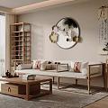 Wooden Sofa and Coffee Table Set with Minimalist Style Cushions and Floral Round Wall Art