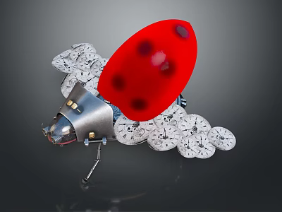 Red Ladybug Shaped Object With Multiple Clocks And Metallic Structure 3d model