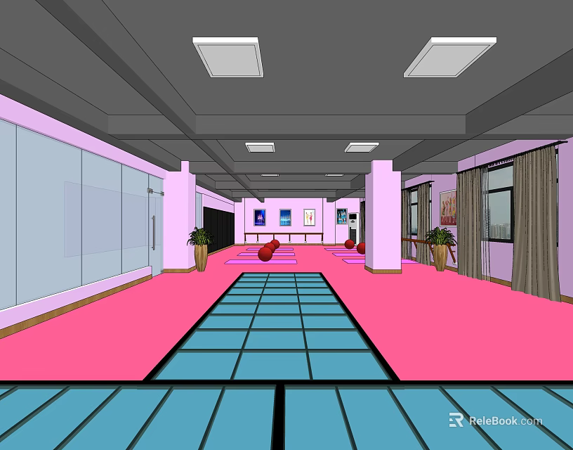 Spacious Fitness Studio With Pink Floor Blue Mats And Mirror Walls 3d model 