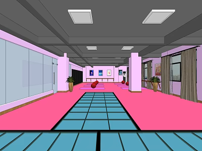 Spacious Fitness Studio With Pink Floor Blue Mats And Mirror Walls 3d model
