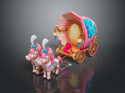 Pink Fairy Tale Carriage Pulled by Two Unicorns With Blue Decorations Lanterns and Red Seat 3d model