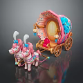 Pink Fairy Tale Carriage Pulled by Two Unicorns With Blue Decorations Lanterns and Red Seat