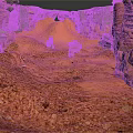 Red Sandstone Canyon Landscape With Rock Formations Sandy Ground And Natural Arch