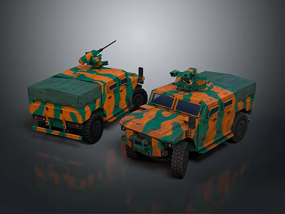 Two Armored Military Vehicles With Green Orange Camouflage And Roof Machine Guns 3d model