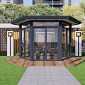 Modern Villa Balcony With Glass Enclosed Sunroom Design And Green Lawn Garden Pathway