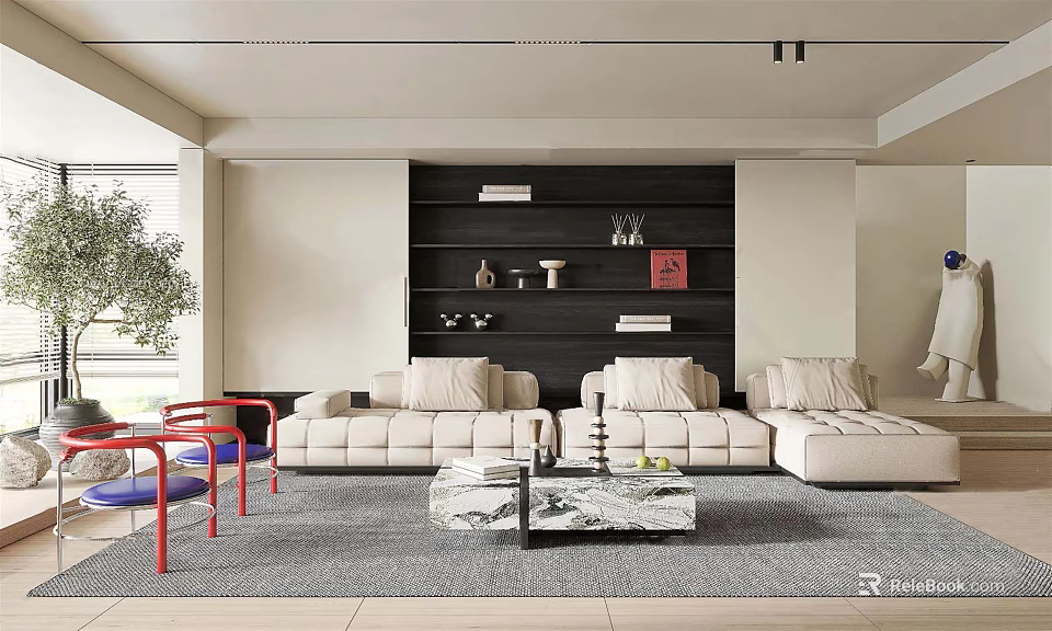 Modern Living Room Interior With Beige Sofa Red Chairs Marble Coffee Table And Black Shelving 3d model 