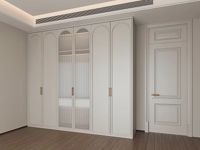 Modern White Wardrobe Interior Design With Glass Doors Golden Handles And Wooden Floor 3d model
