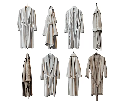Various Light Toned Long Loose Fit Robes Hanging With Soft Fabric And Belts 3d model
