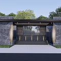 Traditional Chinese Entrance Gate With Stone Wall And Surrounding Trees And Lighting
