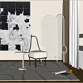 Accent Chair With Black And White Abstract Painting White Rattan Divider Rug And Natural Light