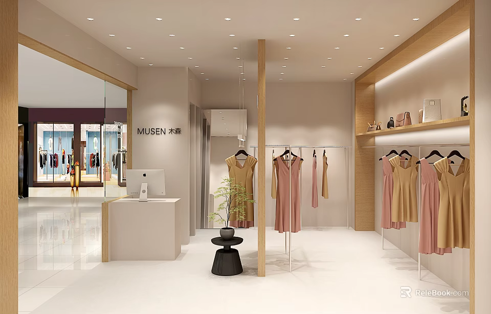 Modern Clothing Store Interior With Dresses On Display Racks Cashier Counter And Bright Lighting 3d model 