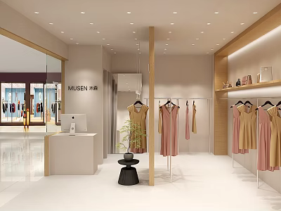 Modern Clothing Store Interior With Dresses On Display Racks Cashier Counter And Bright Lighting 3d model