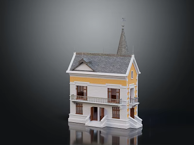 Traditional Detached Villa With Gray Roof Yellow Walls And Spire Exterior Design 3d model