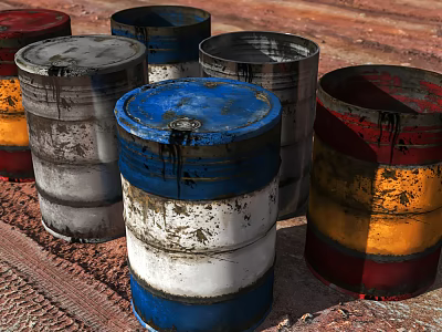 Colorful Industrial Equipment Steel Drums with Oil Stains on Ground Surface 3d model