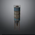 Tall Cylindrical Blue And White Water Tower With Rusted Metal Structure