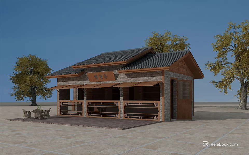 Traditional Post Station With Wooden Structure Tile Roof Porch And Tables Chairs Surrounded By Trees 3d model 
