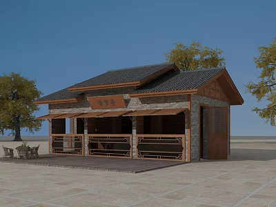 Traditional Post Station With Wooden Structure Tile Roof Porch And Tables Chairs Surrounded By Trees 3d model