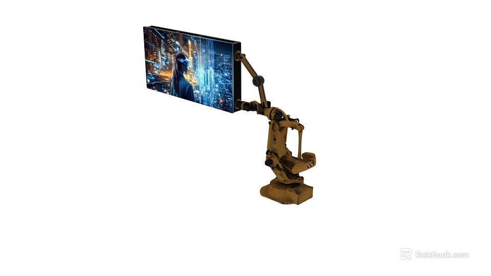 Industrial Robotic Arm With Display Screen Showing City Night View And Blue Light Effects 3d model 