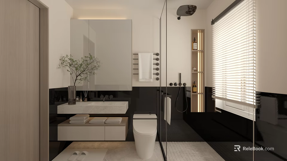 Modern Bathroom Interior With Large Mirror Floating Vanity White Toilet Glass Shower And Decorative Plant 3d model 