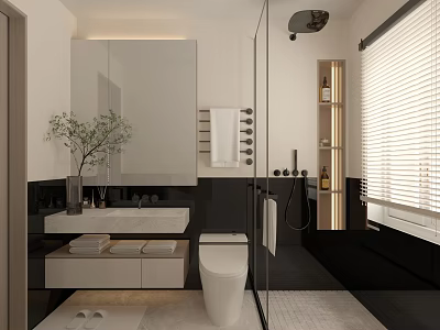 Modern Bathroom Interior With Large Mirror Floating Vanity White Toilet Glass Shower And Decorative Plant 3d model