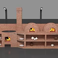 Traditional Brick Oven Setup with Two Dome Shaped Ovens Chimneys Shelves Clay Pots and Plates
