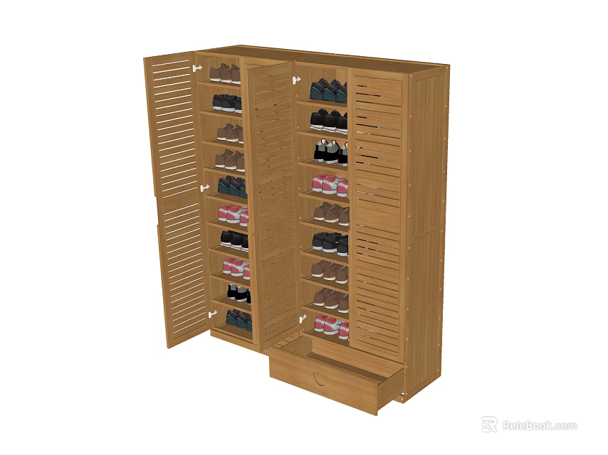 Wooden Shoe Cabinet With Open Design Multiple Shelves And Bottom Drawer For Shoe Storage 3d model 