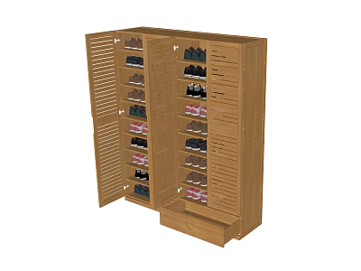 Wooden Shoe Cabinet With Open Design Multiple Shelves And Bottom Drawer For Shoe Storage 3d model