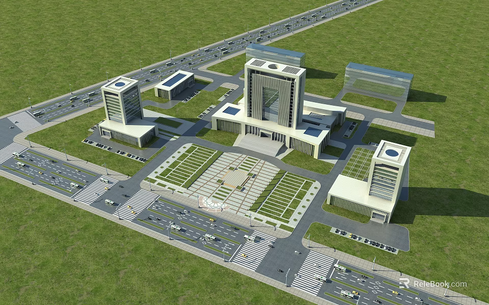 Modern Office Buildings Architectural Design Featuring Central Plaza Green Areas And Roads 3d model 