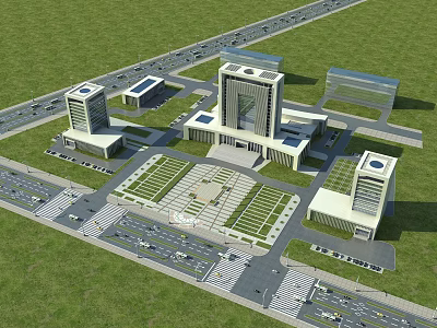Modern Office Buildings Architectural Design Featuring Central Plaza Green Areas And Roads 3d model
