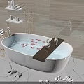Luxurious White Freestanding Bathtub Featuring Red Flower Petals Wooden Tray And Marble Floor