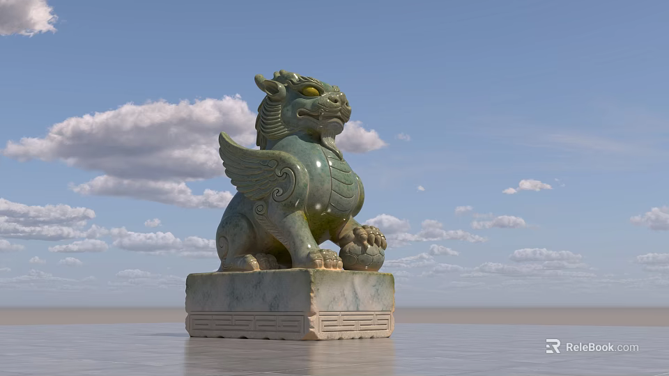 Green Winged Mythical Beast Landscape Sculpture With Square Base And Blue Sky White Clouds 3d model 