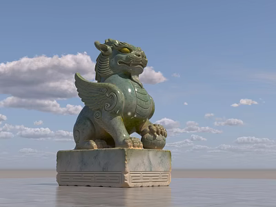 Green Winged Mythical Beast Landscape Sculpture With Square Base And Blue Sky White Clouds 3d model