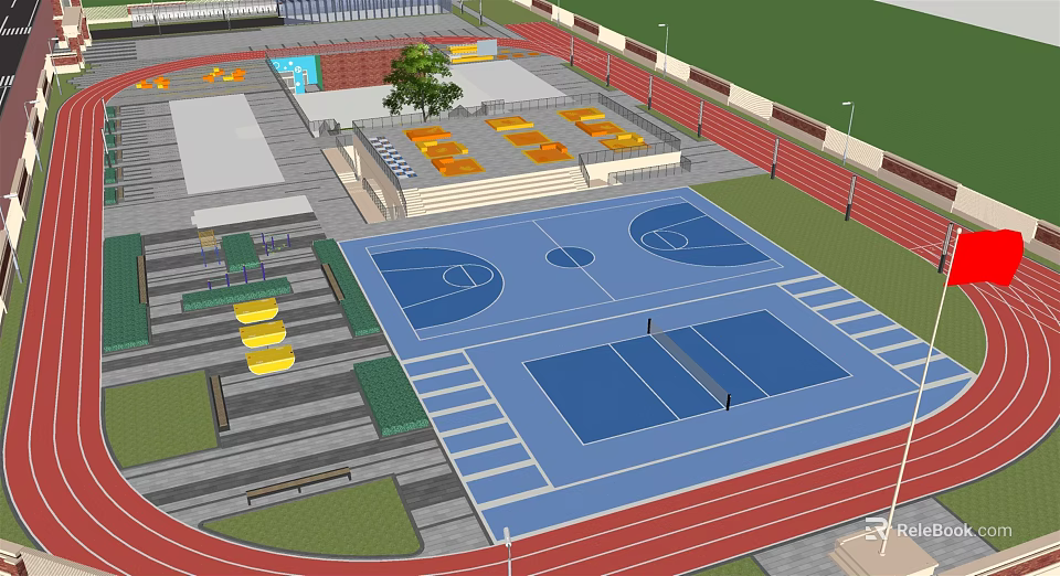 Modern Outdoor Football Field With Red Running Track And Orange Spectator Seats 3d model 