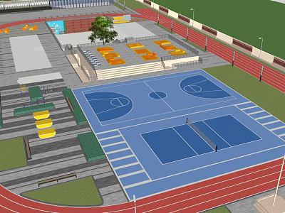 Modern Outdoor Football Field With Red Running Track And Orange Spectator Seats 3d model