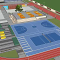 Modern Outdoor Football Field With Red Running Track And Orange Spectator Seats