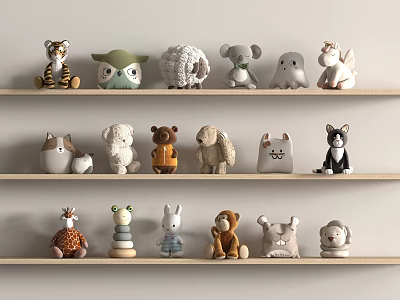 Various Animal Shaped Dolls Arranged On Three Wooden Shelves 3d model