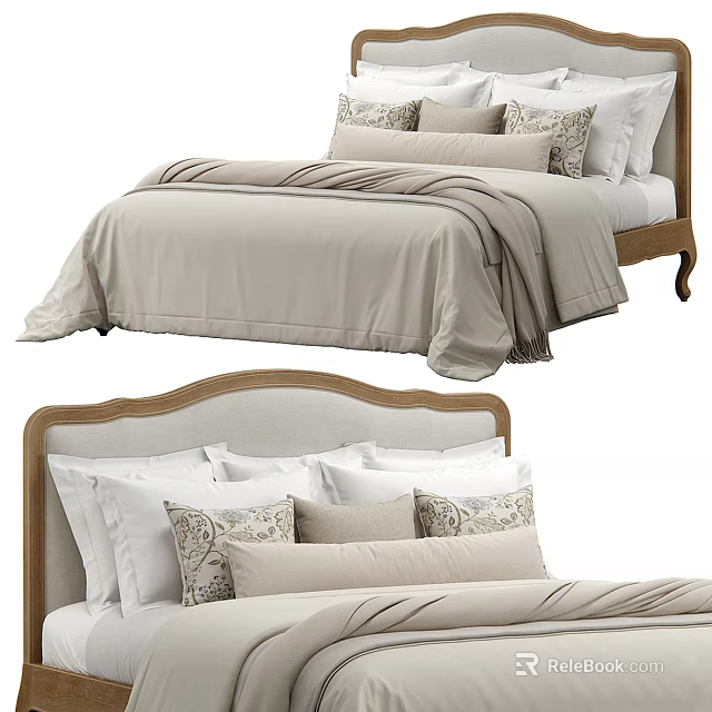 Modern Double Bed With Wooden Headboard Light Beige White Bedding And Decorative Pillows 3d model 