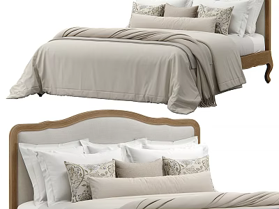 Modern Double Bed With Wooden Headboard Light Beige White Bedding And Decorative Pillows 3d model
