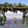 Pergola with Green Vines and Grapes Over Wooden Chairs and Table in Outdoor Patio