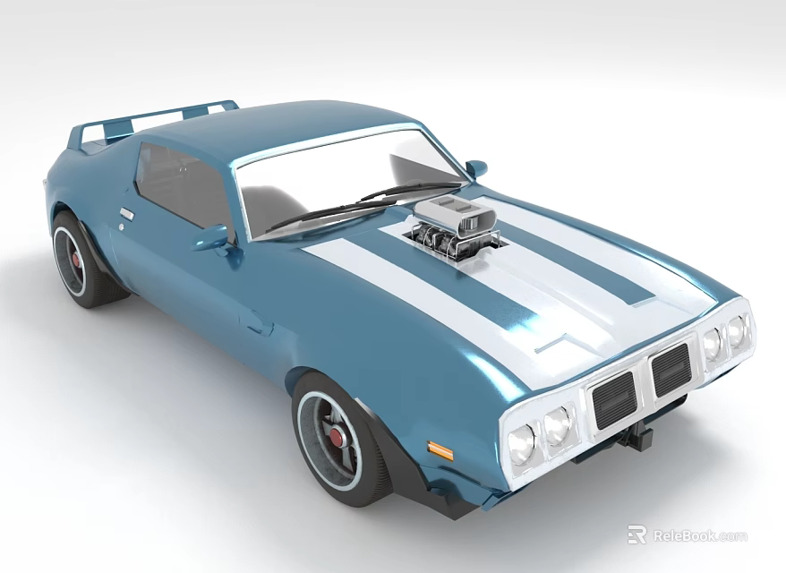 Blue Vintage Sports Car With Open Hood Exposed Engine And Silver Stripes 3d model 