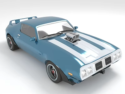 Blue Vintage Sports Car With Open Hood Exposed Engine And Silver Stripes 3d model