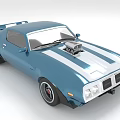 Blue Vintage Sports Car With Open Hood Exposed Engine And Silver Stripes