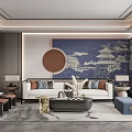 New Chinese Style Living Room Sofa Coffee Table Combination Multi-person Sofa Leisure Chair Curtain Sofa Stool Background Wall 3d model