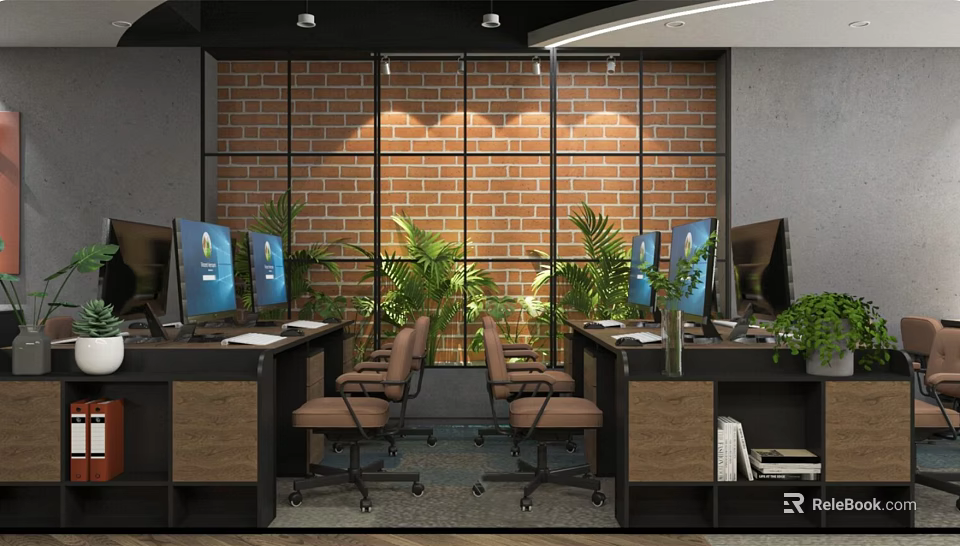 Modern Public Office Space With Brick Wall Backdrop Green Plants Computers And Workstations 3d model