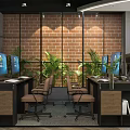 Modern Public Office Space With Brick Wall Backdrop Green Plants Computers And Workstations 3d model