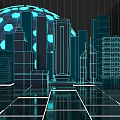 Cartoon Style City Scene Featuring Blue Line Art Modern Buildings Glowing Sphere And Neon Lights