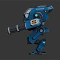 Futuristic Blue Mechanical Game and Movie Character with Dual Cannon Arms and Glowing Accents